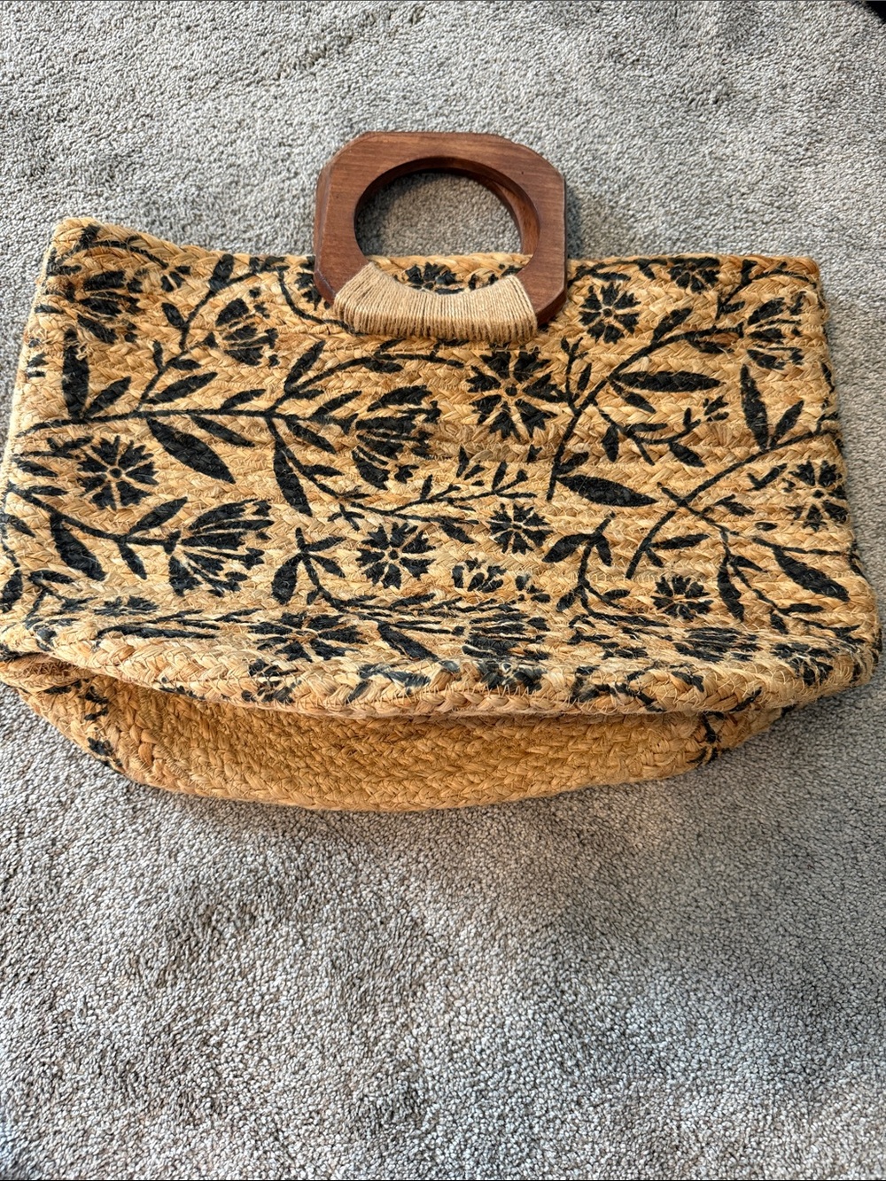 Antik Kraft Woven Straw Floral Tote Bag with Wooden Handles - Natural/Black